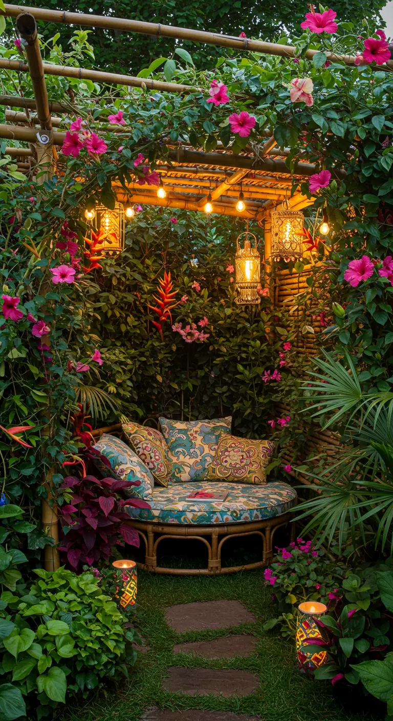 Tropische pergola van bamboe met kleurrijke bloeiende planten, ronde rotan bank met patronen en sfeerverlichting.