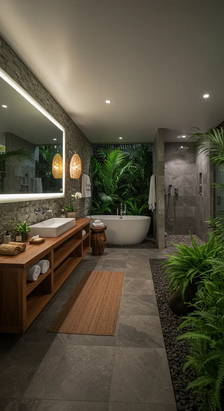 Tropische badkamer met veel planten en een grote rechthoekige verlichte spiegel.