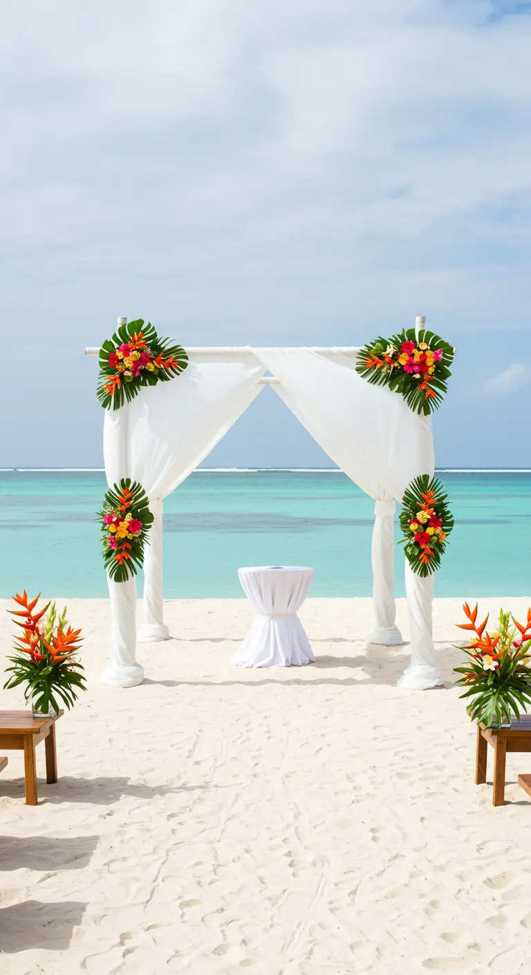 Witte trouwboog met doeken en tropische bloemen op een wit zandstrand.