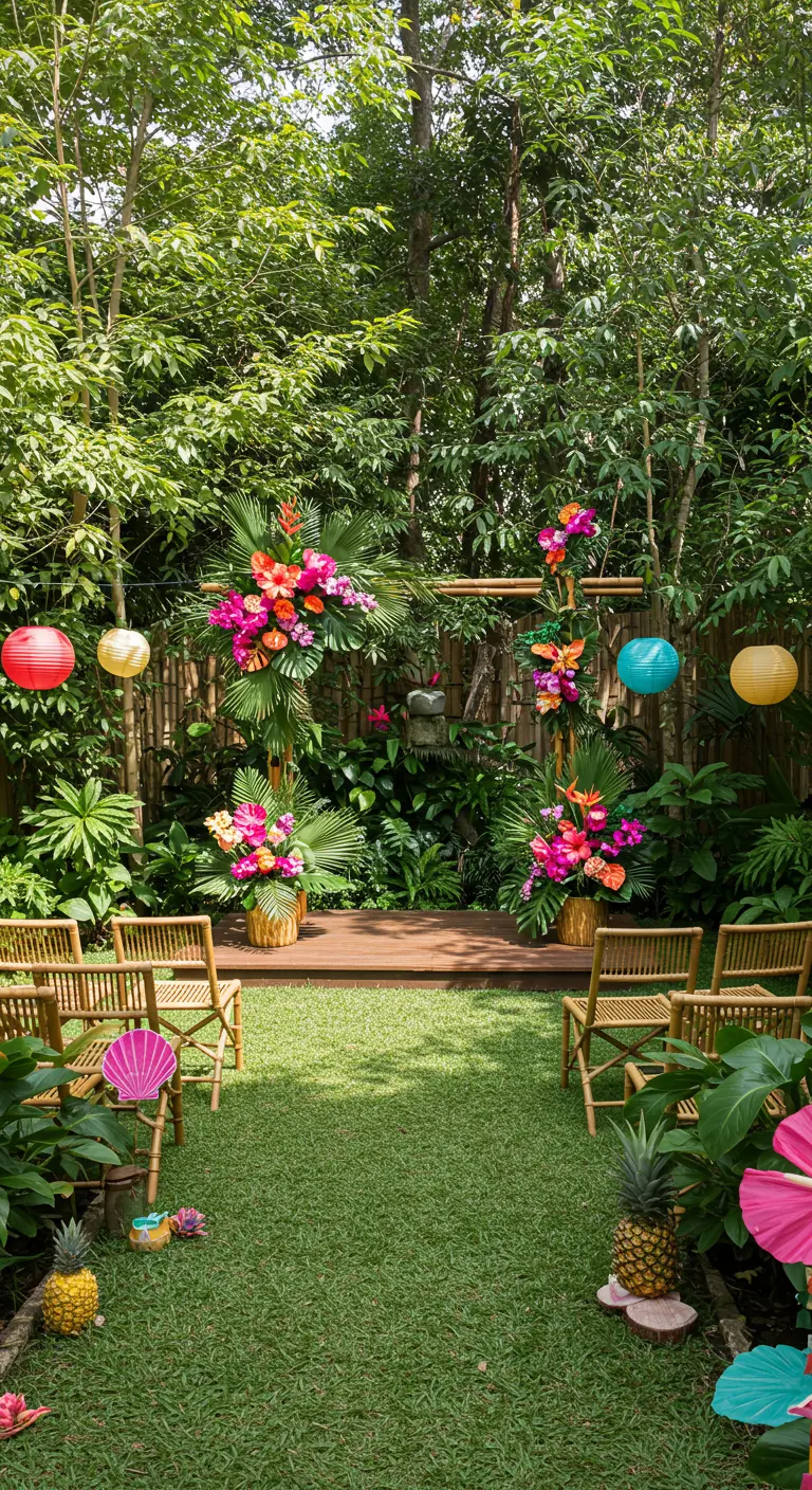 Tropische trouwceremonie setting in tuin met bamboe, felle bloemen en lampionnen.