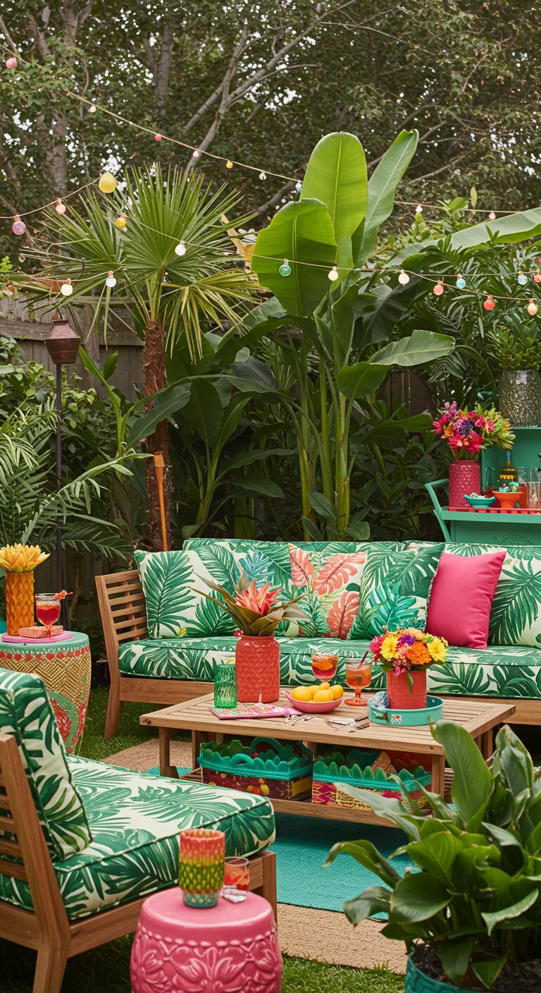 Tropische buitenlounge met bananenplanten, meubels met bladprint en kleurrijke accenten.