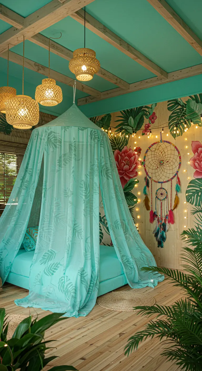 Tropische slaapkamer met turquoise luifelbed, rotan lampen, bloemenmuur, dromenvanger.