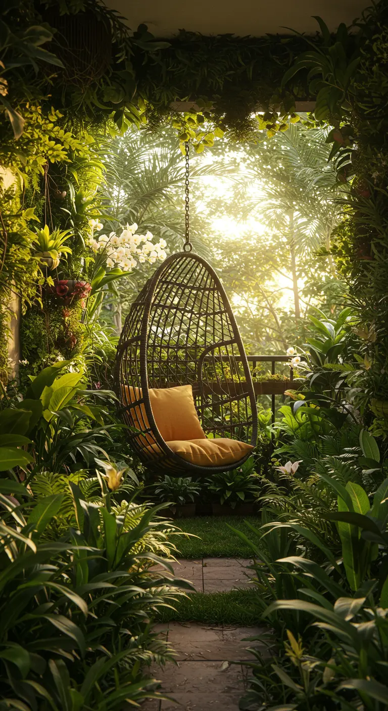 Donkere rotan eivormige hangstoel met geel kussen in een weelderige, groene tropische tuin.