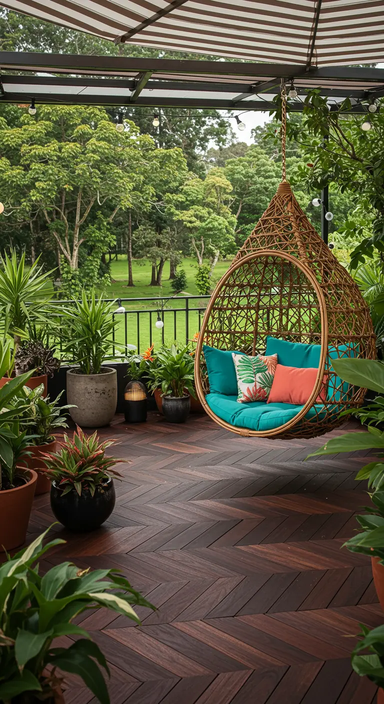 Dakterras met rieten hangstoel, turquoise kussens, tropische planten en visgraat houten vloer.