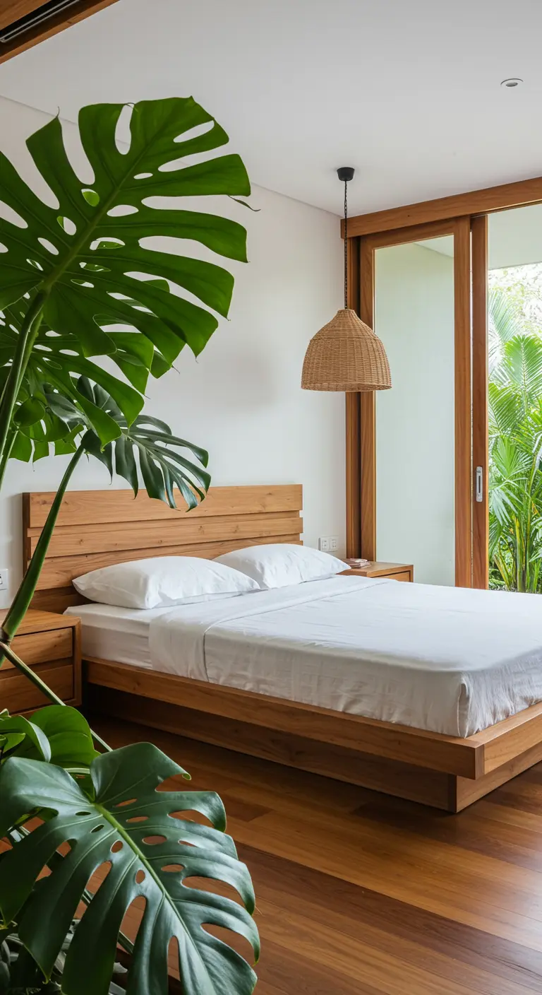 Lichte slaapkamer met houten bed, grote Monstera plant en rotan lampenkap.