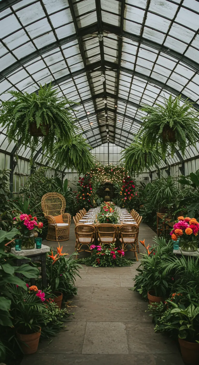 Luxe kas met tropische planten en een elegant gedekte tafel met rotan stoelen
