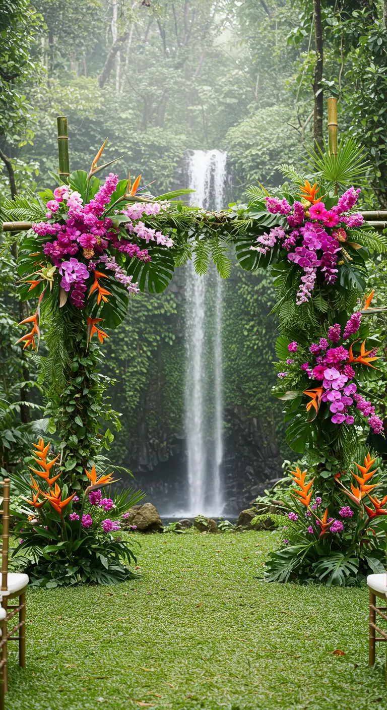 Tropische bloemenboog met felle kleuren en veel groen voor een waterval.
