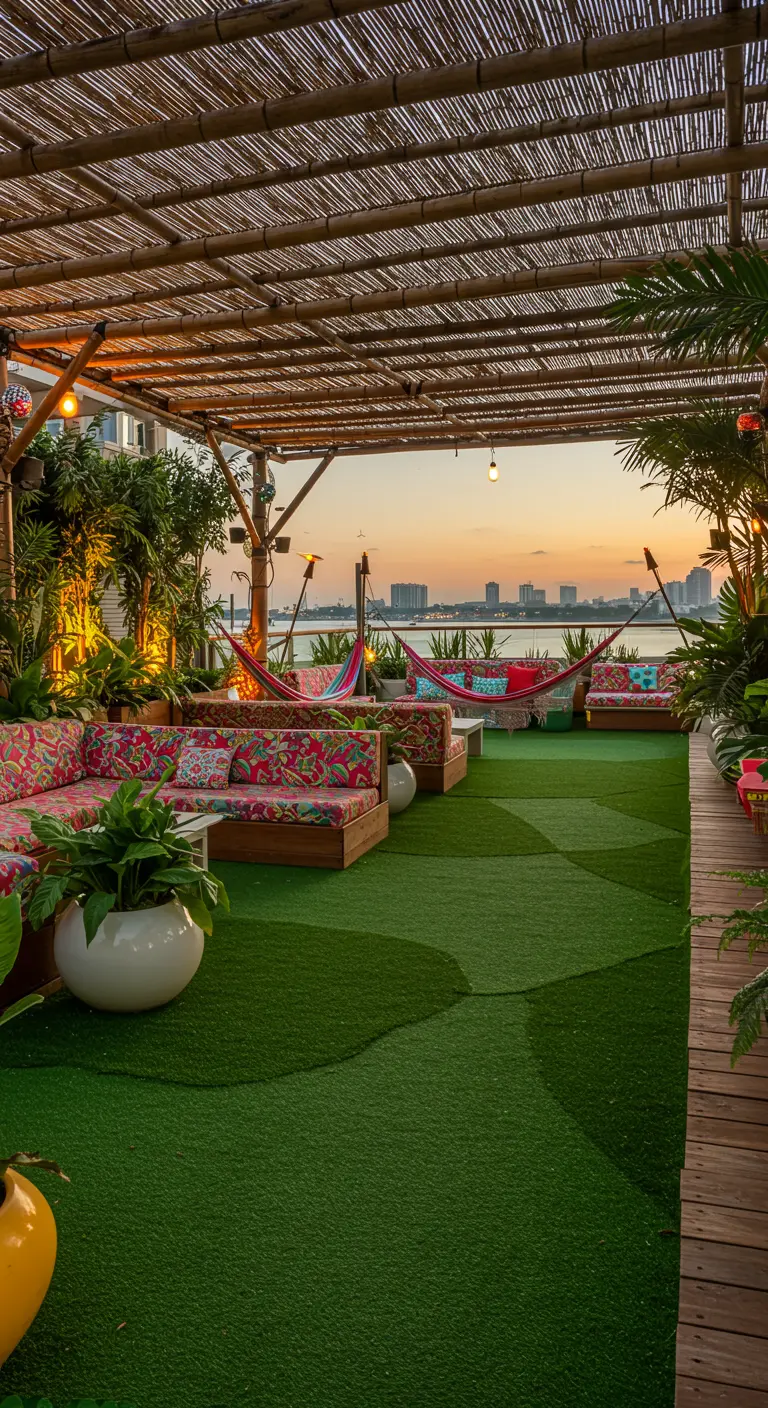 Tropische daktuin met bamboe pergola, kunstgras, kleurrijke loungebanken en hangmatten.