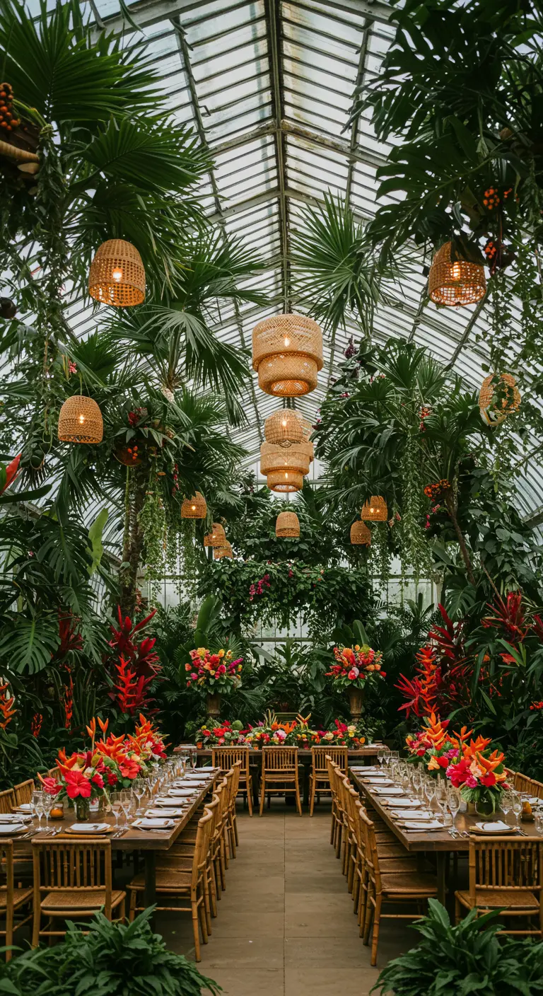 Dineropstelling in een kas vol tropische planten en kleurrijke bloemen, rotan lampen.