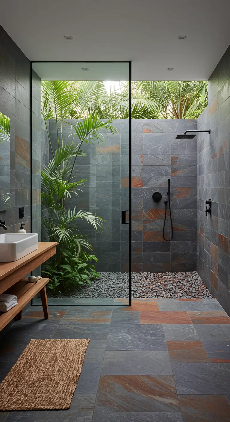 Badkamer met leisteen vloer en wanden, glazen douche en tropische planten.