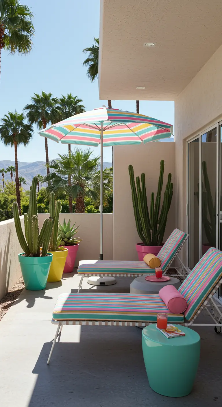 Zonnig balkon met gestreepte ligstoelen, parasol, felgekleurde potten en cactussen.