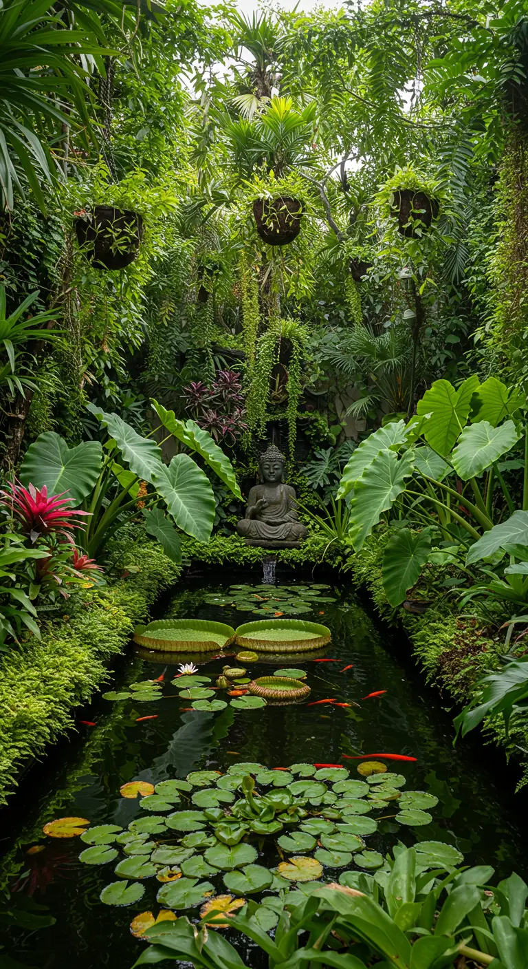Tropische tuin met Boeddha-beeld, vijver met waterlelies en koikarpers.