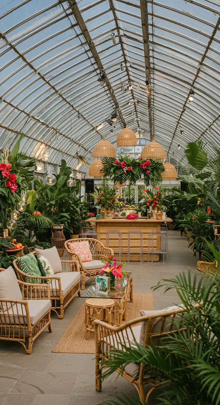 Tropische feestsetting in een kas met rotan meubels, veel planten en grote hanglampen.