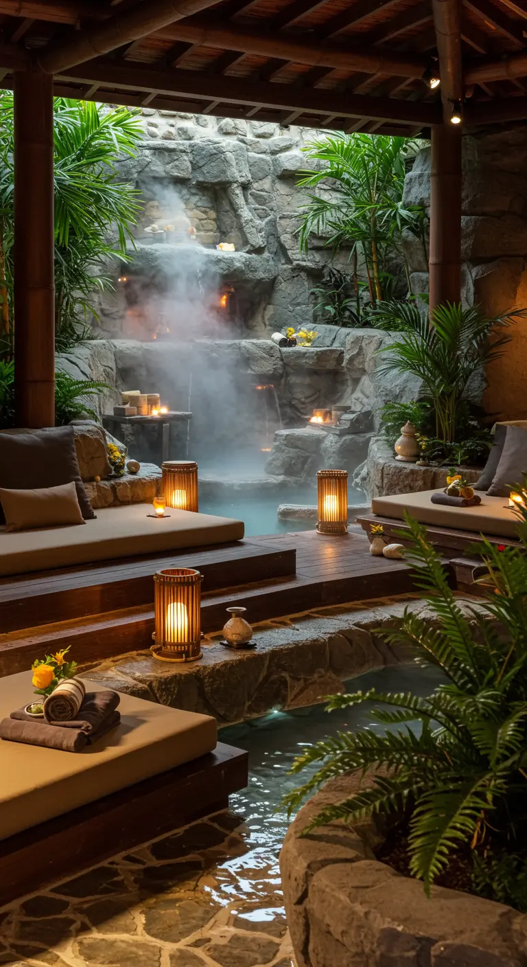 Spa-achtige setting met houten ligbedden, stoom, kaarsen, tropische planten en een waterpartij.