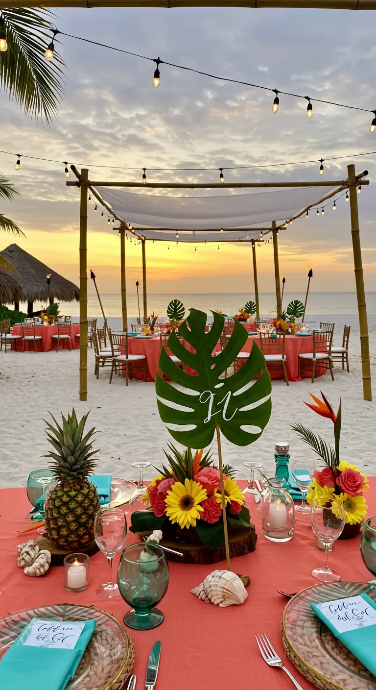 Tropische strandbruiloft tafelsetting met monstera blad, koraal tafelkleed en ananas.