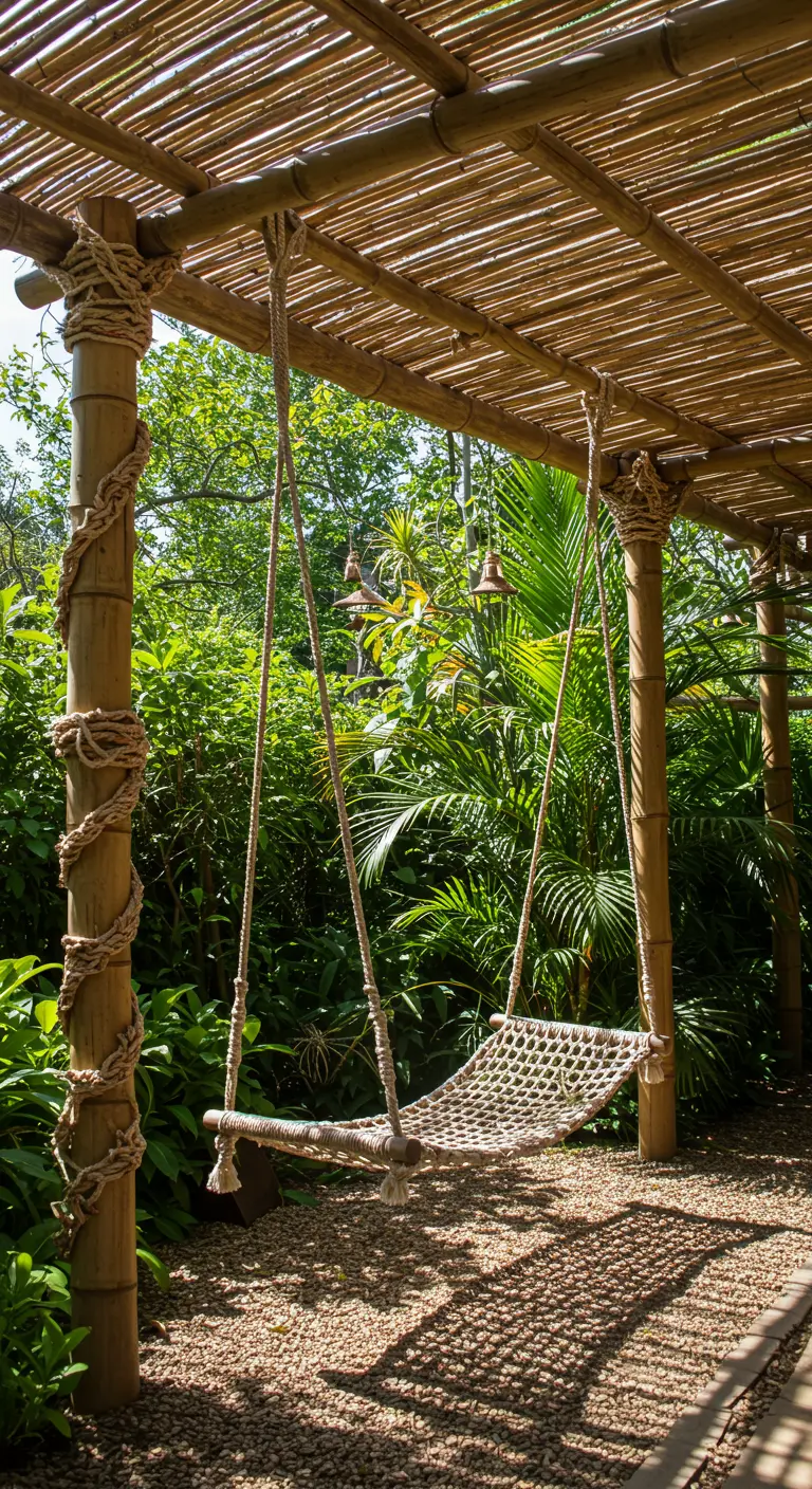 Macramé hangmat onder een bamboe pergola in een tropische tuinsetting.
