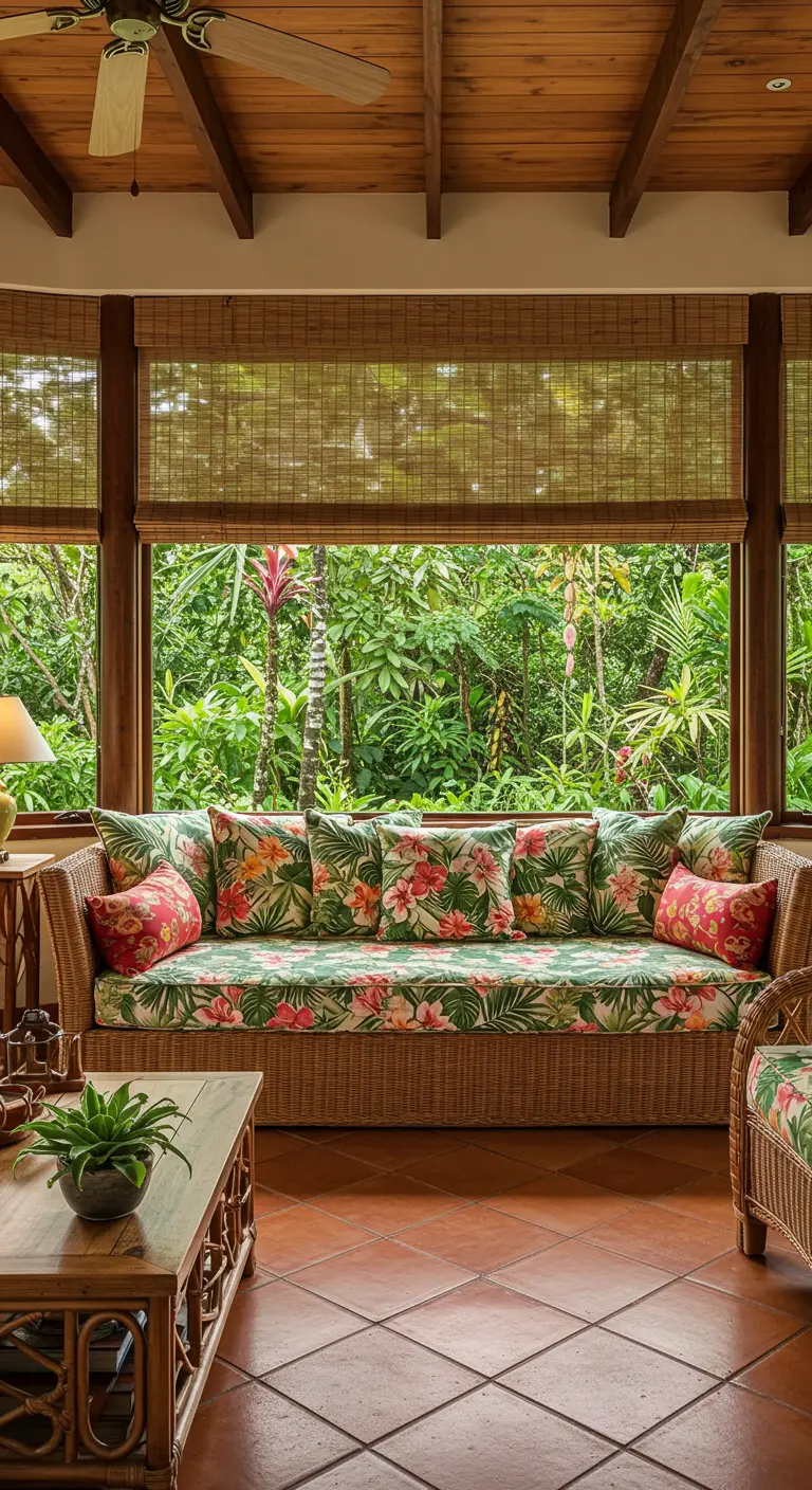 Rotan bank met botanische print kussens bij raam met bamboe jaloezieën, tropische sfeer.