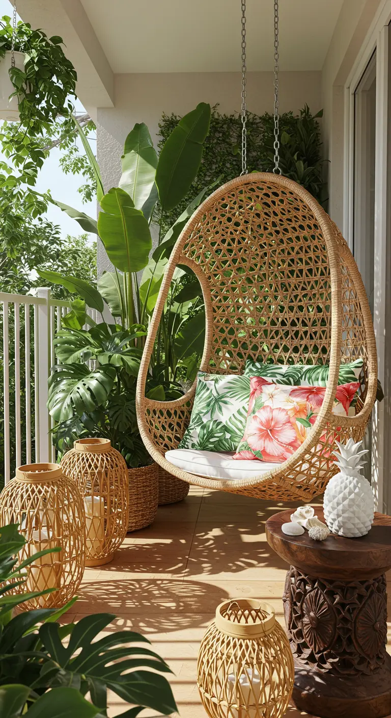 Rotan egg chair op balkon met tropische planten, kussens met bladprint en rotan lantaarns.