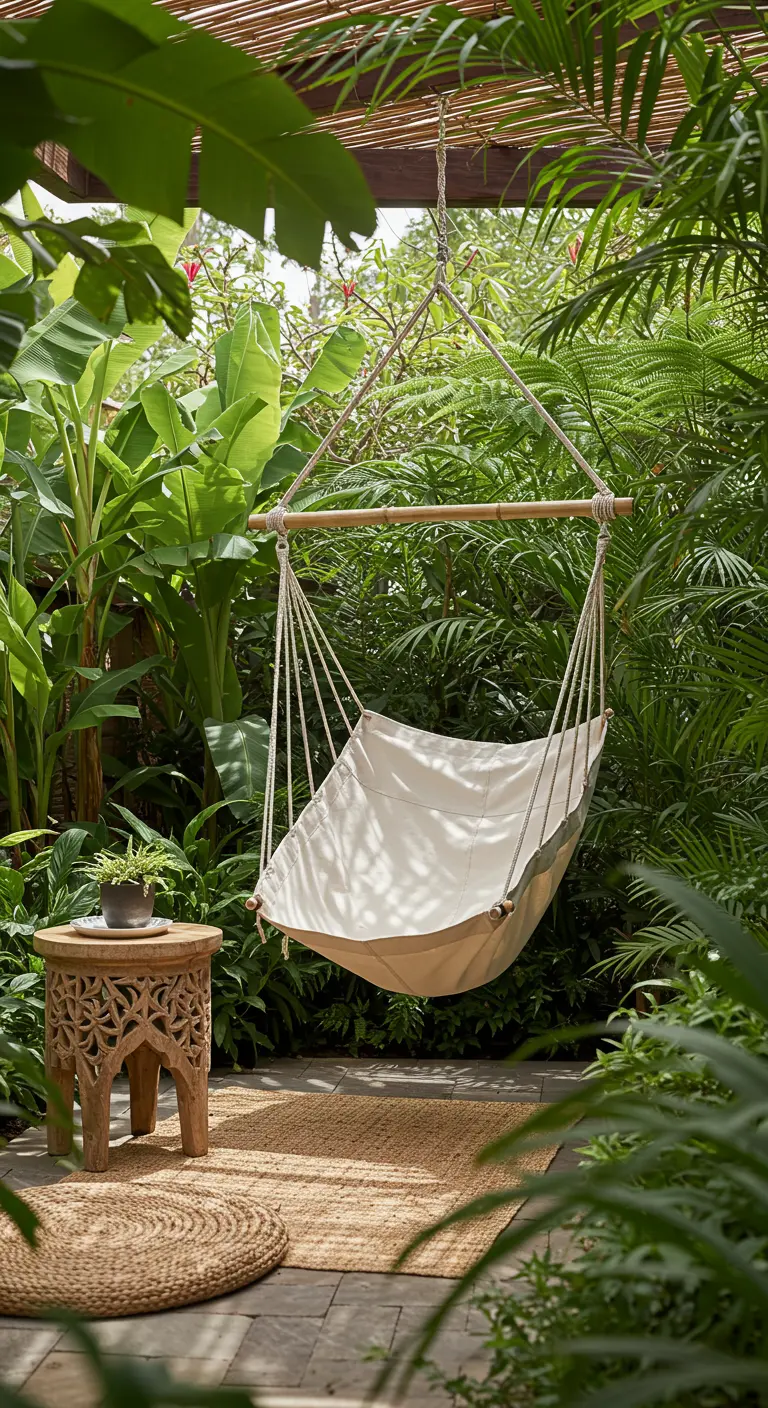 Eenvoudige canvas hangstoel in een weelderige tropische tuinsetting.