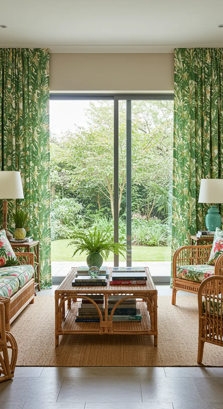 Gordijnen met groen tropisch bladpatroon in een woonkamer met rotan meubels.