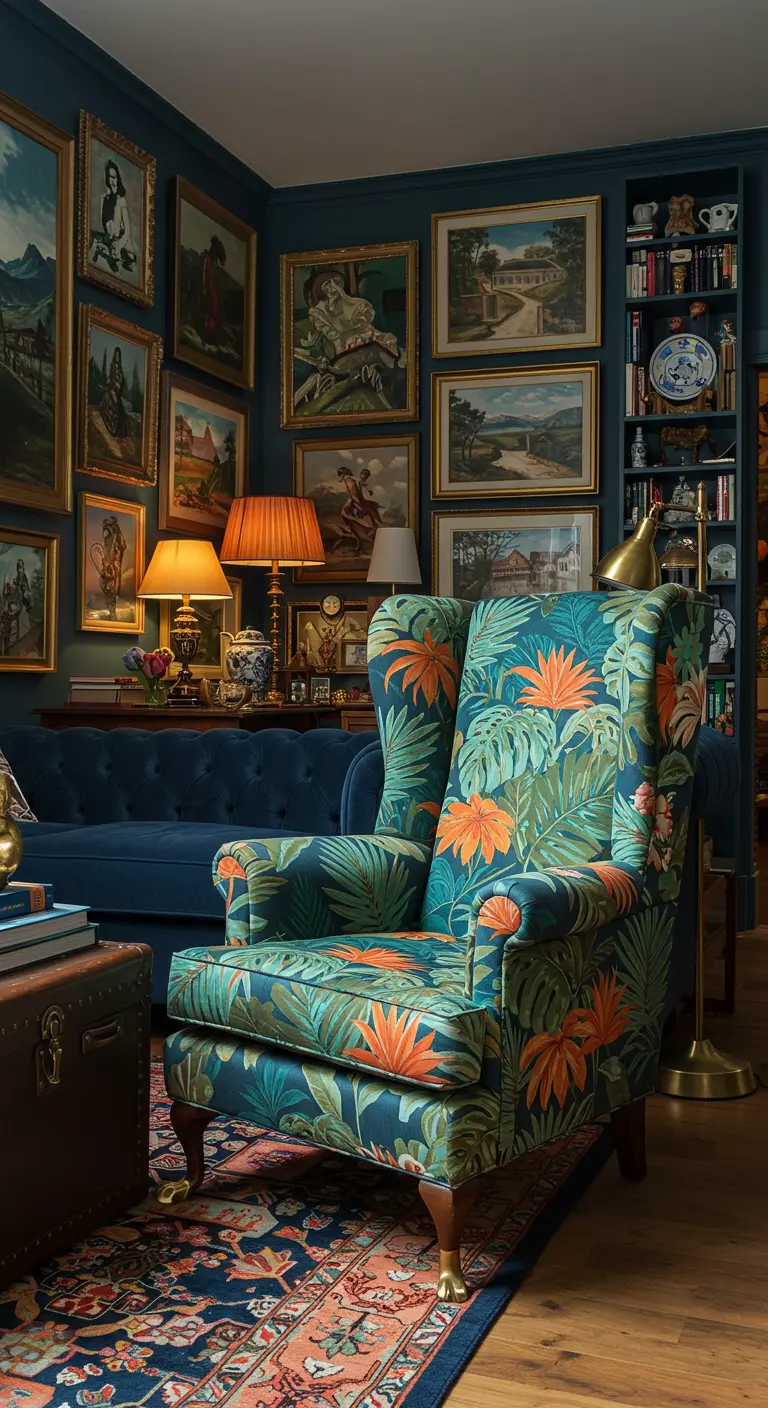Klassieke fauteuil met opvallende tropische print in donkerblauwe kamer.