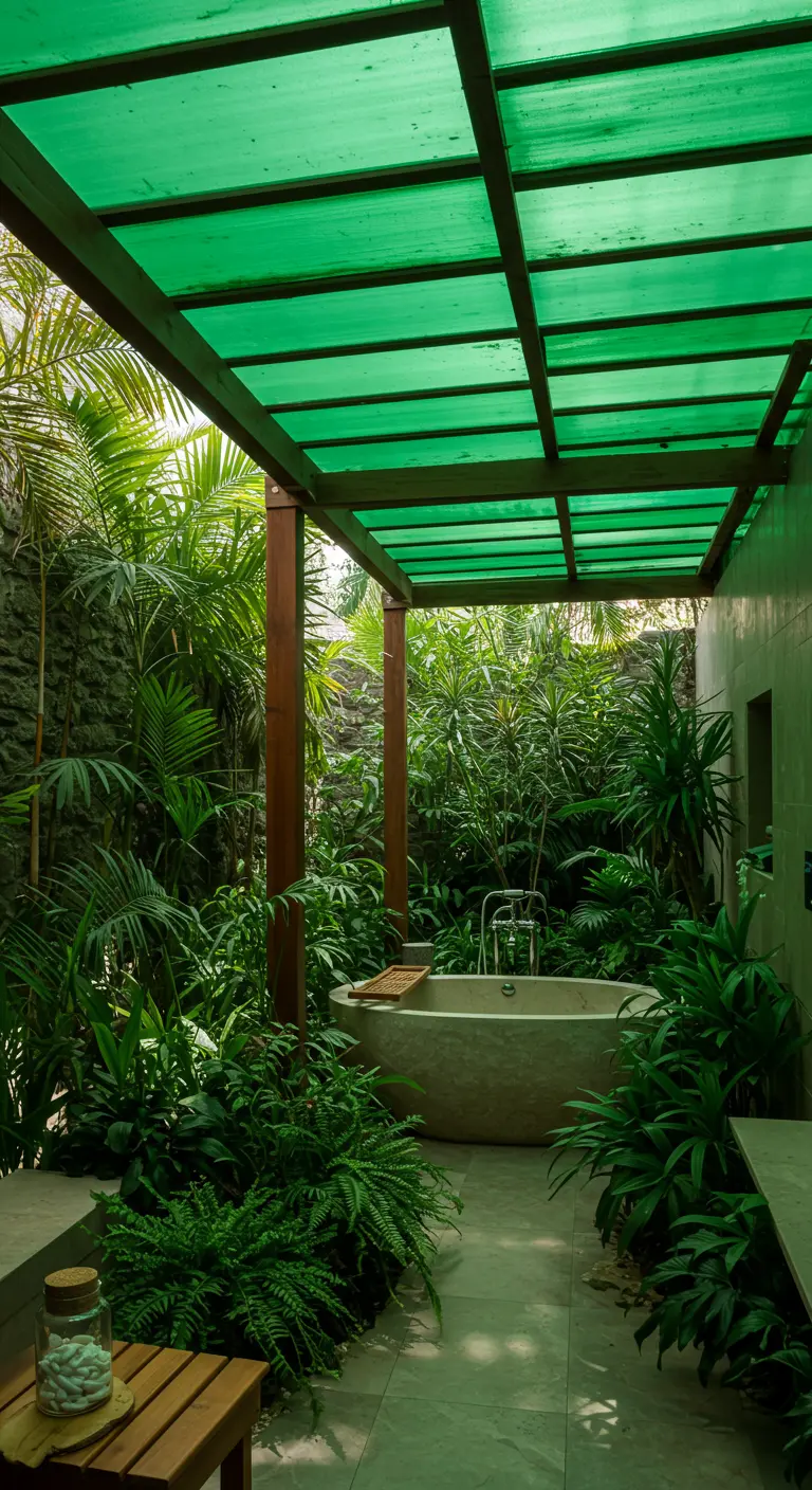 Buitenbadkamer met groen glazen dak, stenen bad en veel tropische planten.