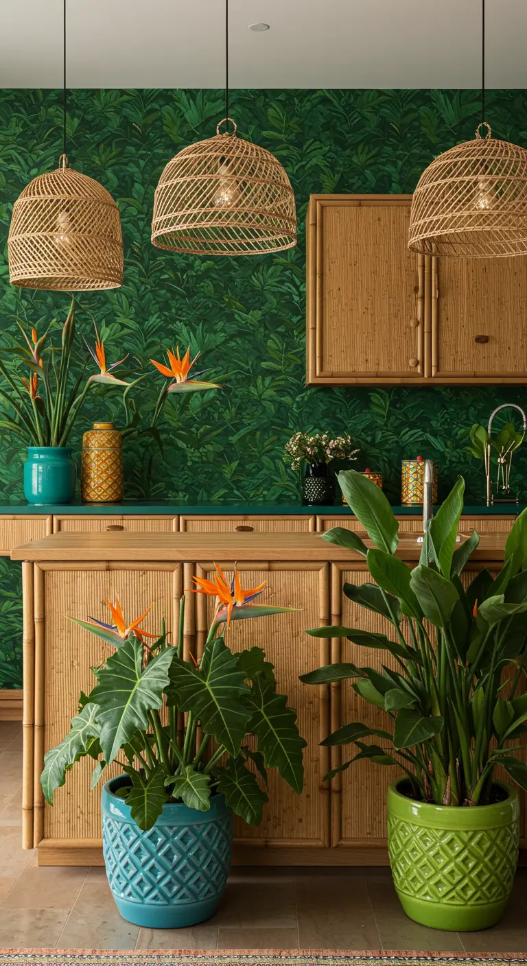 Keuken met bamboe kasten, behang met tropische bladeren en grote Strelitzia planten.