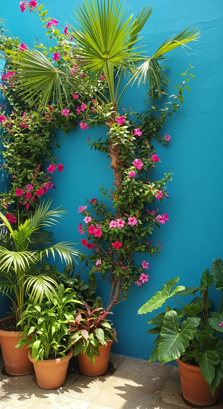Klimplant met roze bloemen geleid tegen een felblauwe muur, omringd door tropische planten.