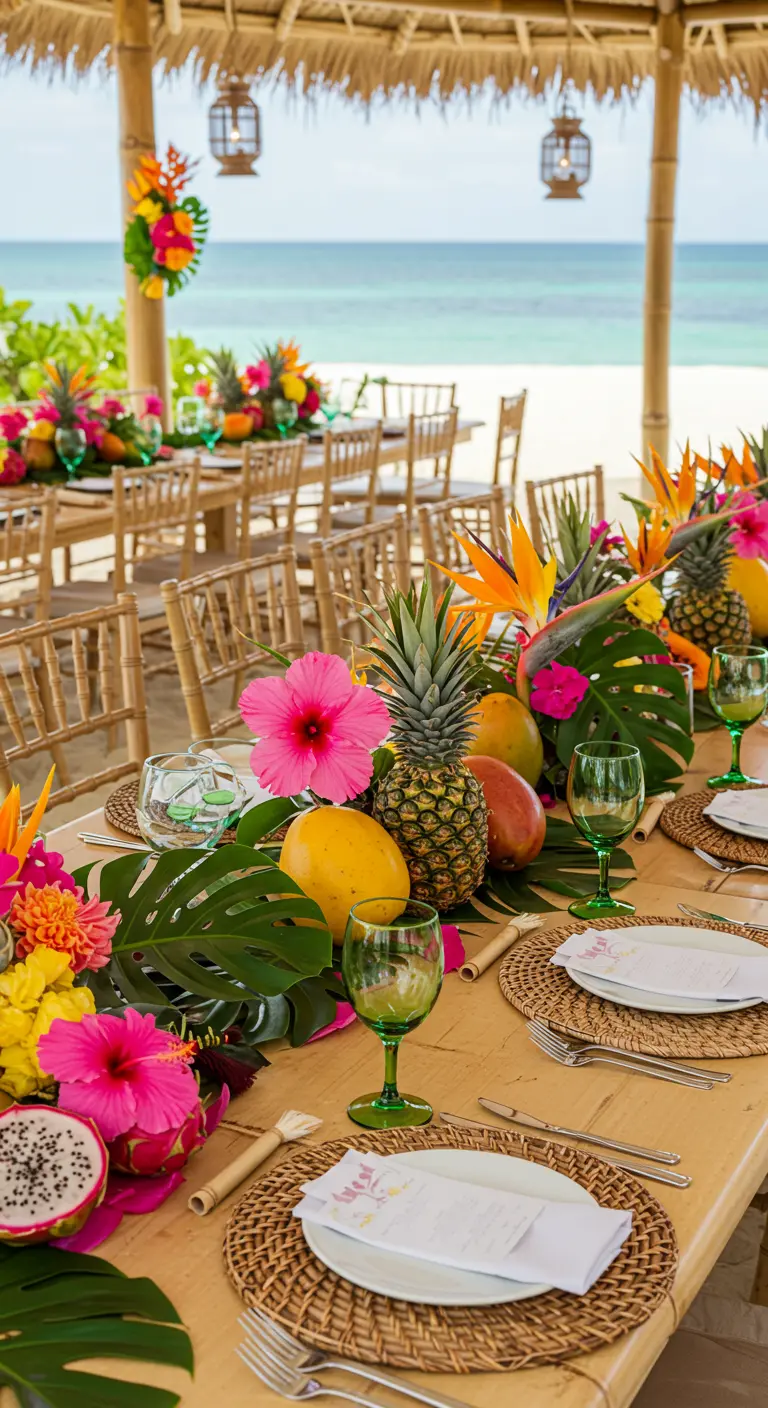 Tropische tafelsetting met ananas, hibiscus, en exotisch fruit op het strand.