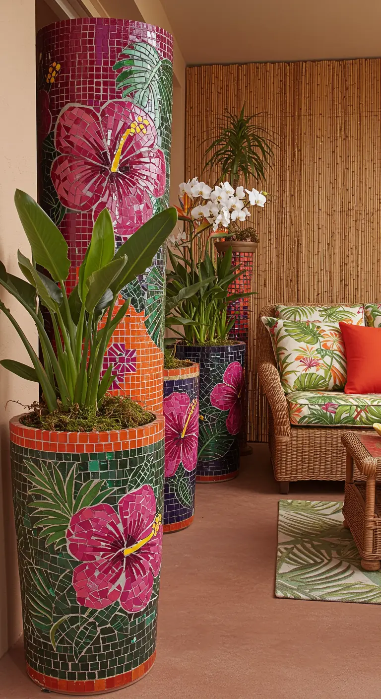 Hoge cilindervormige potten met kleurrijk hibiscus mozaïek en tropische planten.