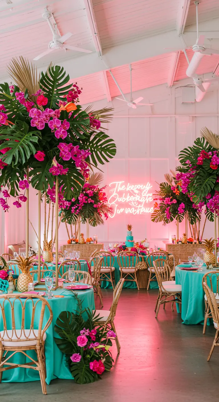 Kleurrijke tropische bruiloftdecoratie met neon, palmbladeren en felle bloemen.