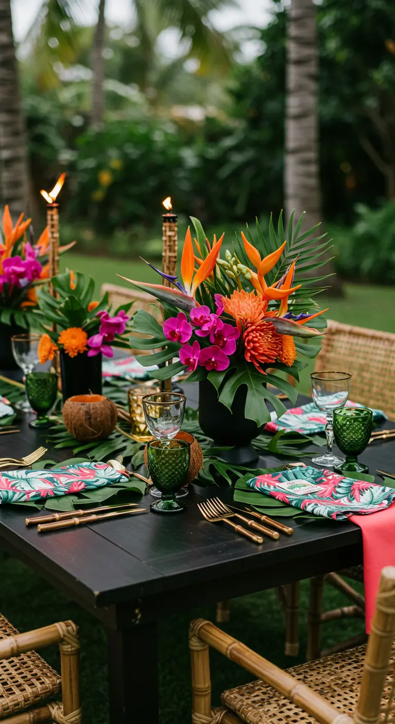 Tropische tafelsetting met exotische bloemen, groen glas en bamboe details.