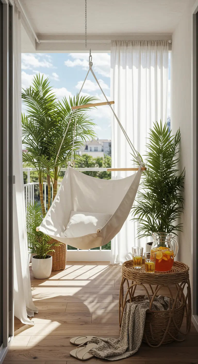 Sfeervol balkon 16 met witte canvas hangstoel en tropische planten