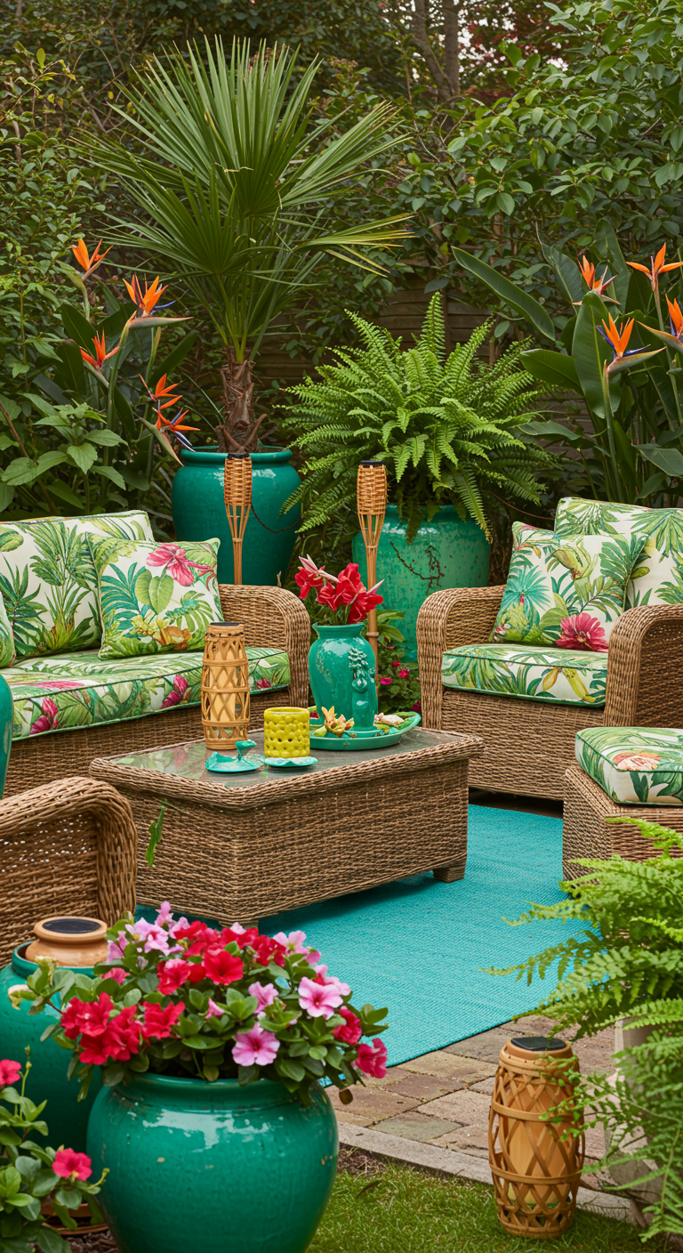 Tropische tuinsetting met rotan meubels, bladprintkussens en turquoise accenten.