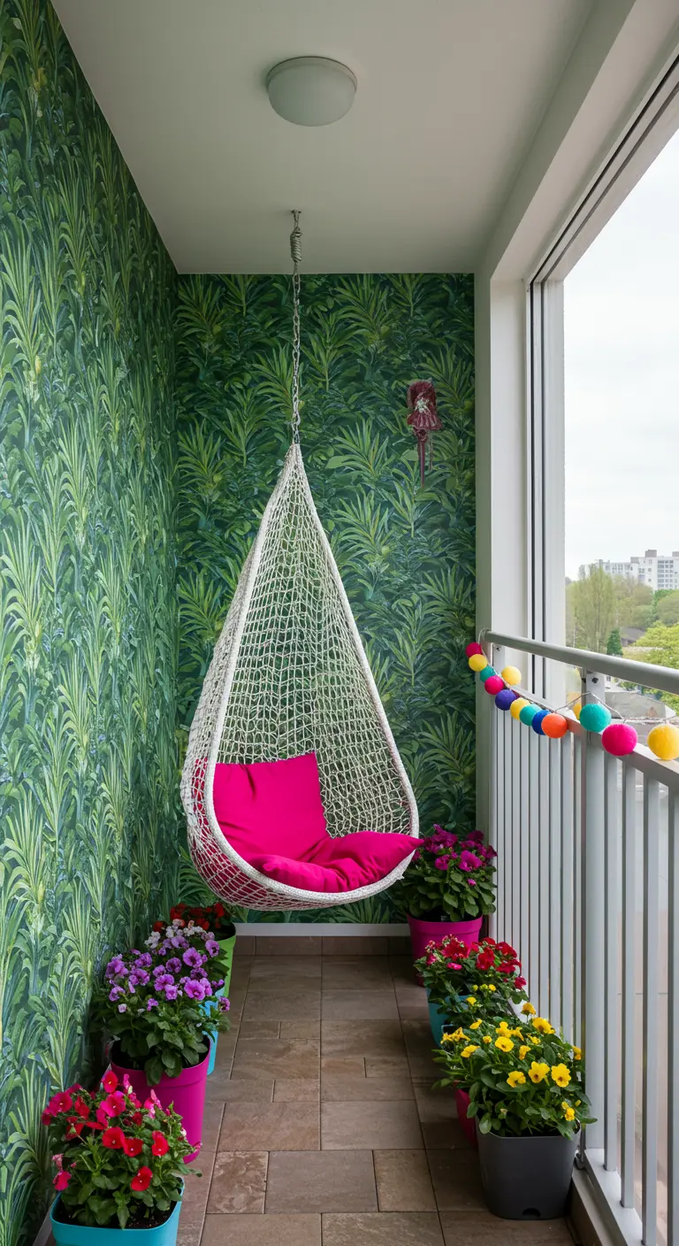 Balkon met witte hangstoel, roze kussen en een muur met groen bladmotief behang.