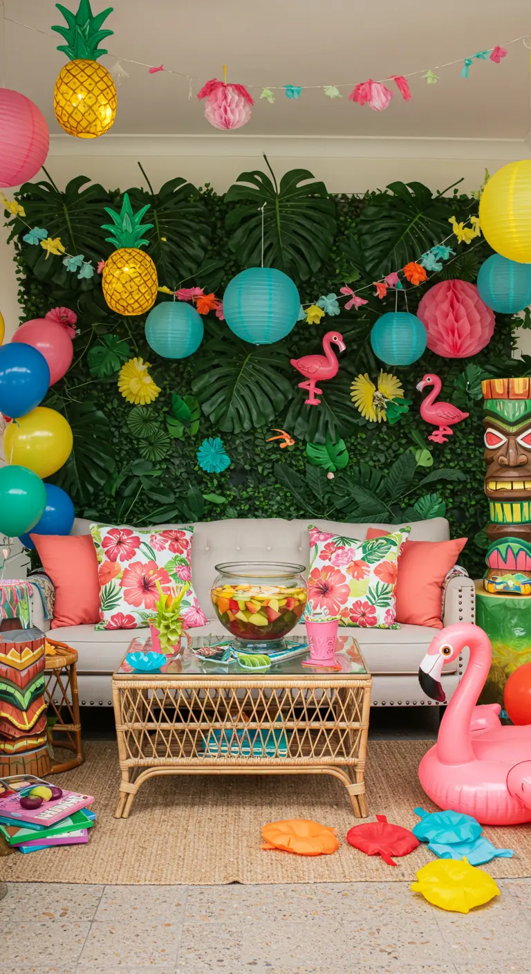 Woonkamer in tropisch thema met groene bladermuur, lampionnen en flamingo decoratie.