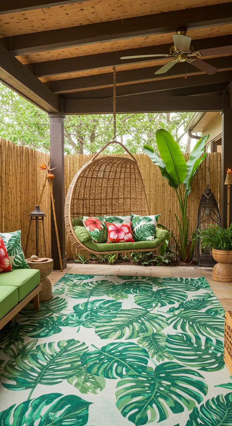 Rotan hangbank met groene kussens en een vloerkleed met palmbladprint op een tropisch terras.