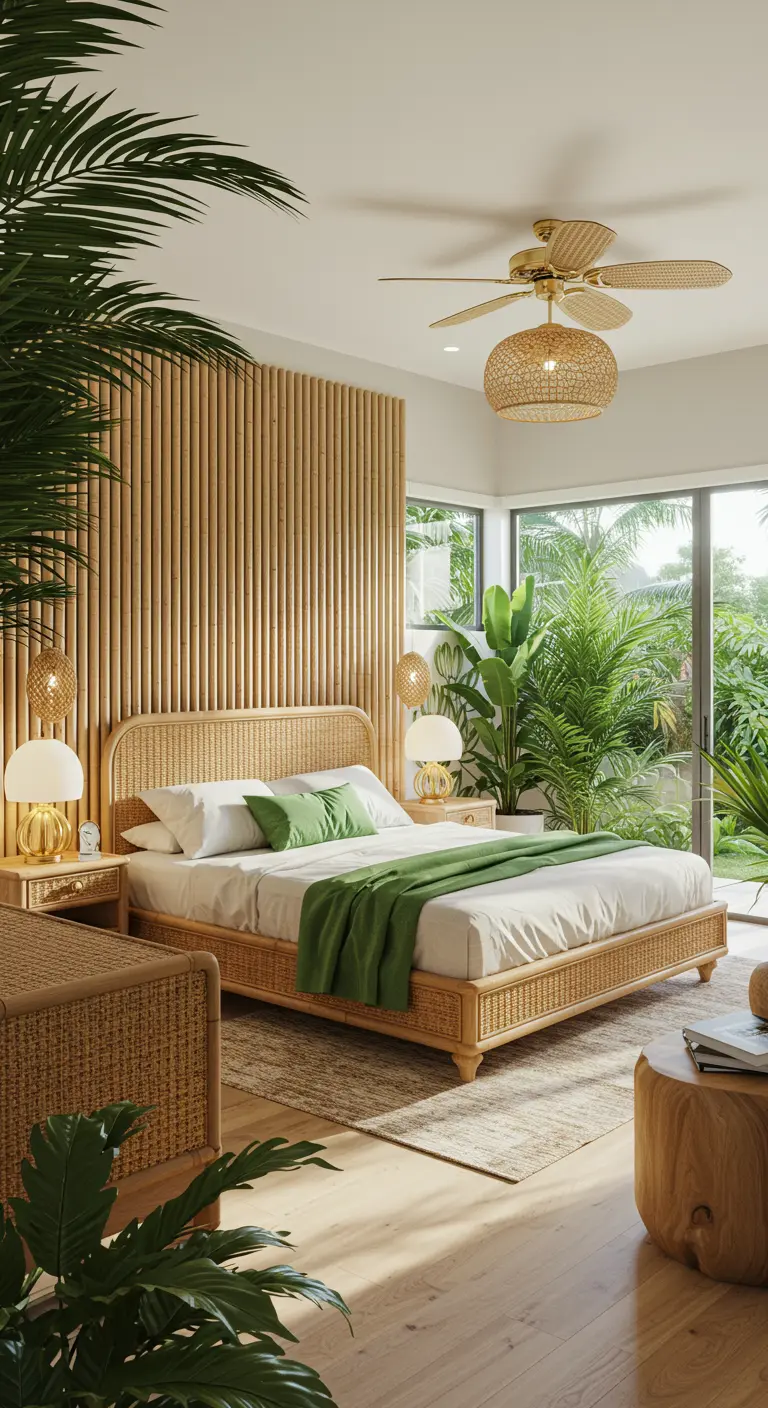 Slaapkamer met verticale bamboe-achtige lattenwand, rotan meubels en tropische planten.
