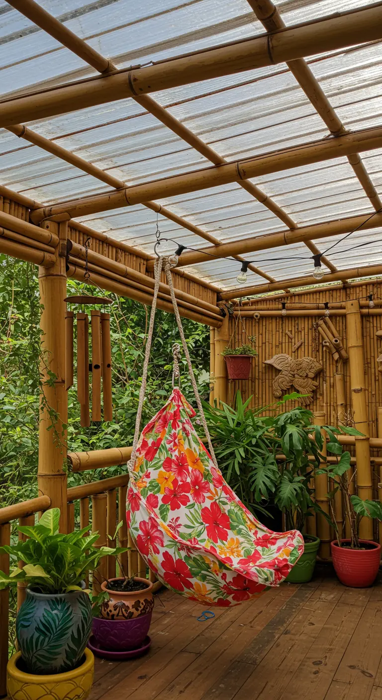 Kleurrijke hangmat onder bamboe pergola met transparant dak en tropische planten.
