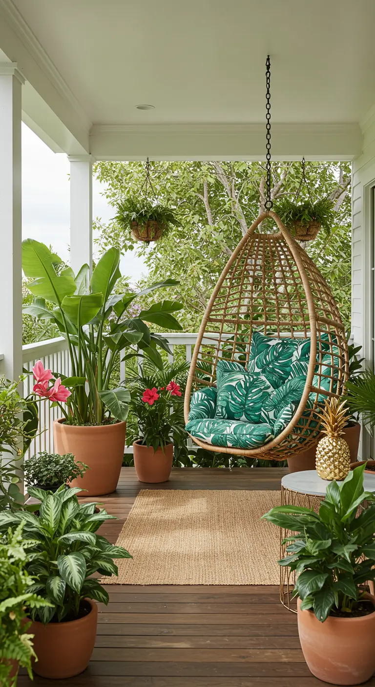 Lichte veranda met rotan hangstoel, tropische planten en kussens met bladprint.