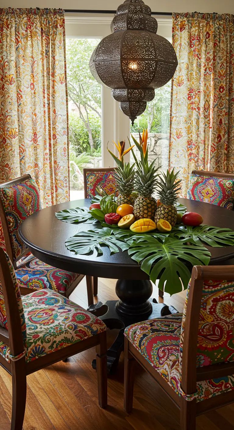 Ronde eettafel met donker blad, versierd met monstera bladeren, ananassen en tropisch fruit.