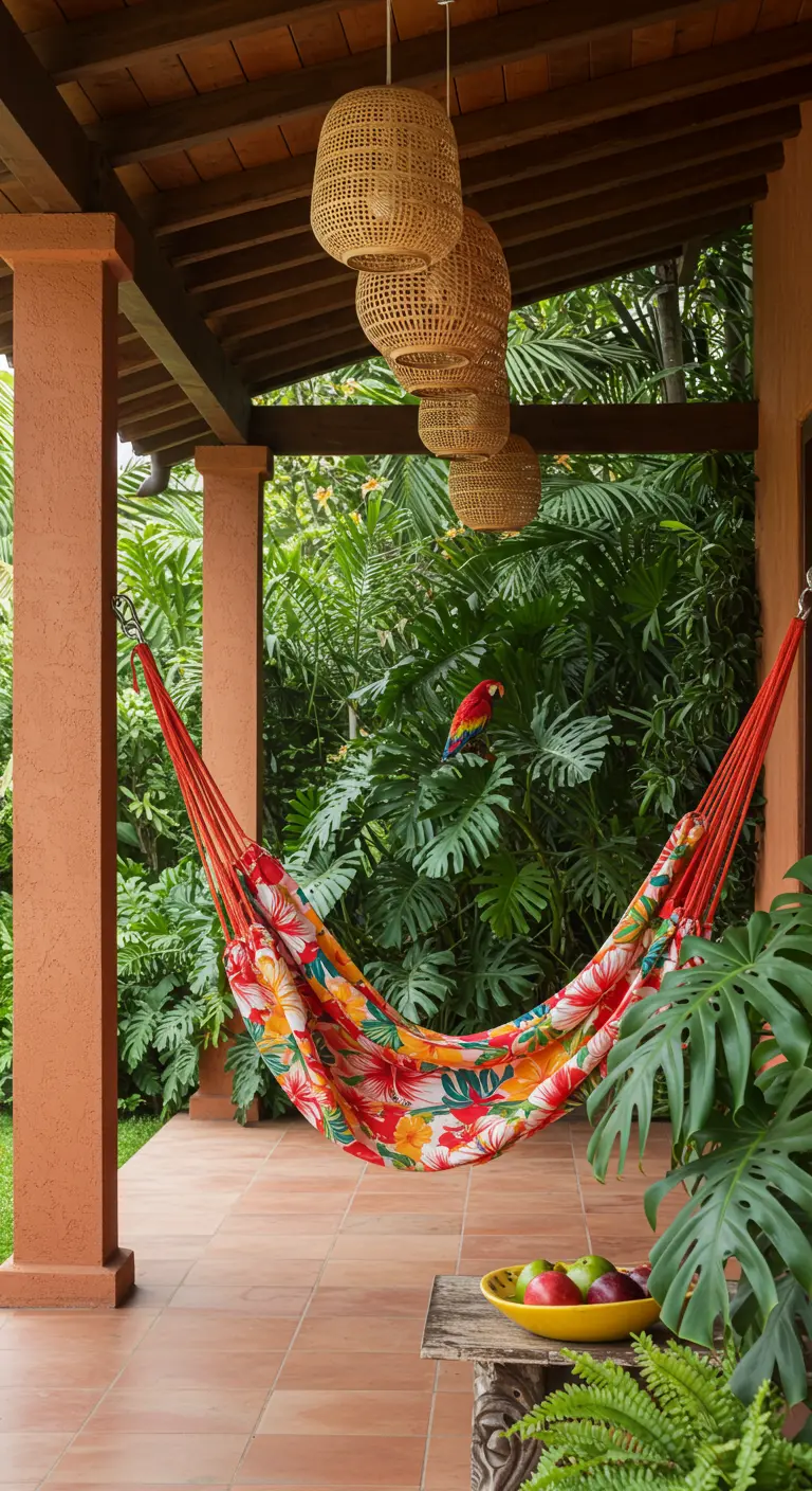 Kleurrijke bloemenprint hangmat op een veranda met terracotta tegels en tropische planten.