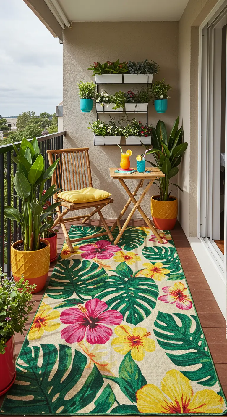 Balkon met tropisch buitenkleed, bamboe meubels en kleurrijke planten.