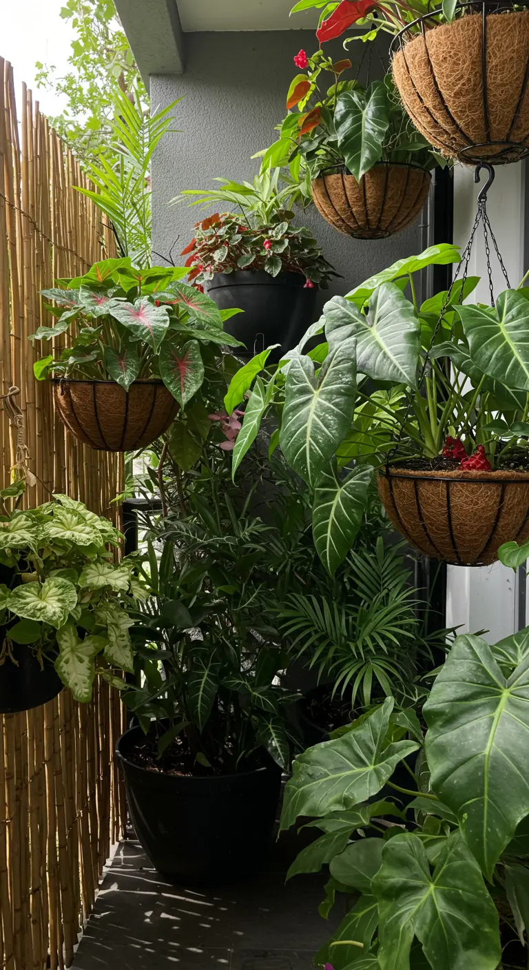 Balkon met lagen tropische planten in hangmanden en potten, met bamboemat achtergrond.