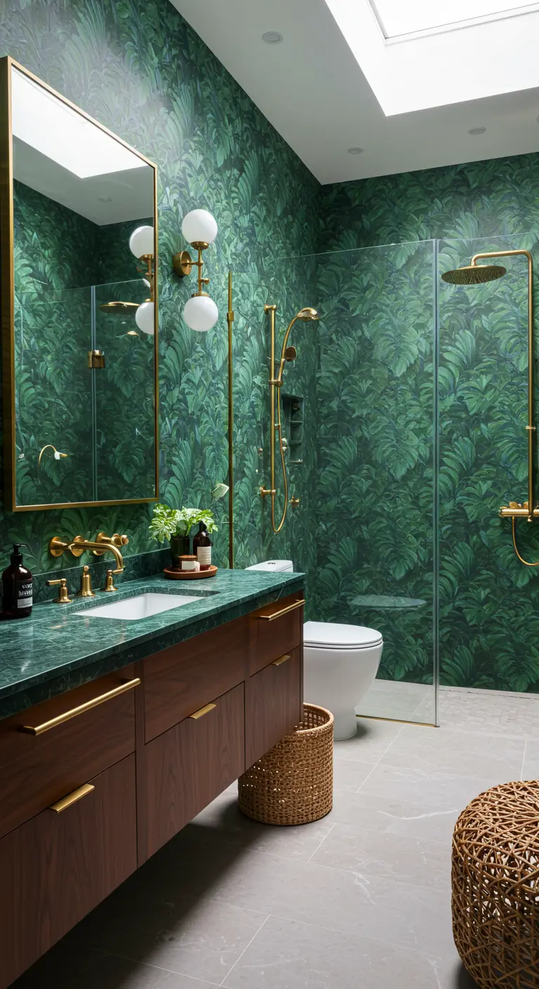 Badkamer met groen bladmotief, donkergroen marmer en overal messing accenten.