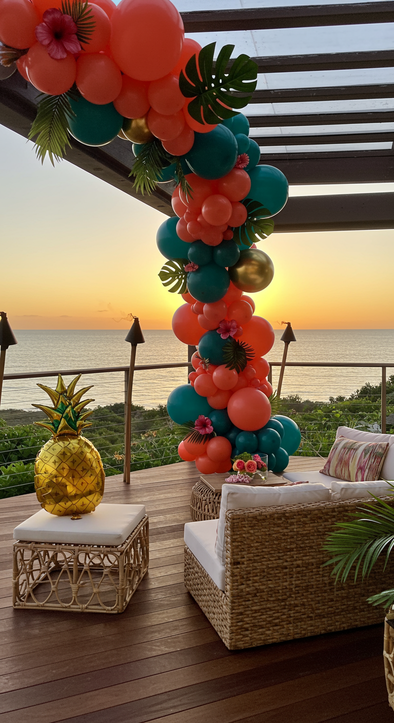 Tropische ballonnenslinger met palmbladeren en ananas ballon bij zonsondergang.