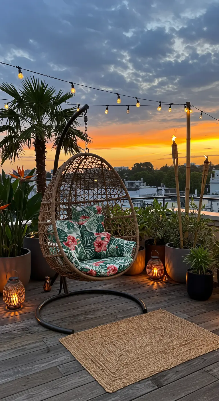 Rotan egg chair met tropische kussens op dakterras bij zonsondergang.