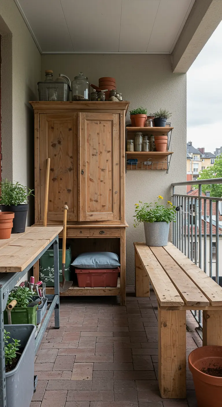 Houten kast en werkbank met planten en tuingereedschap op een balkon.