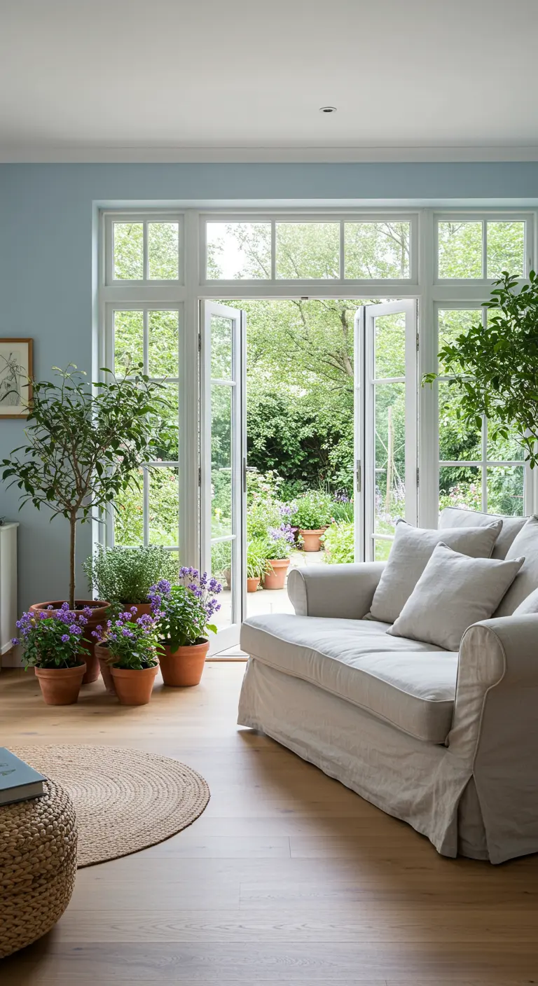 Woonkamer met Franse deuren naar tuin, lichte bank, lavendel planten, jute vloerkleed.