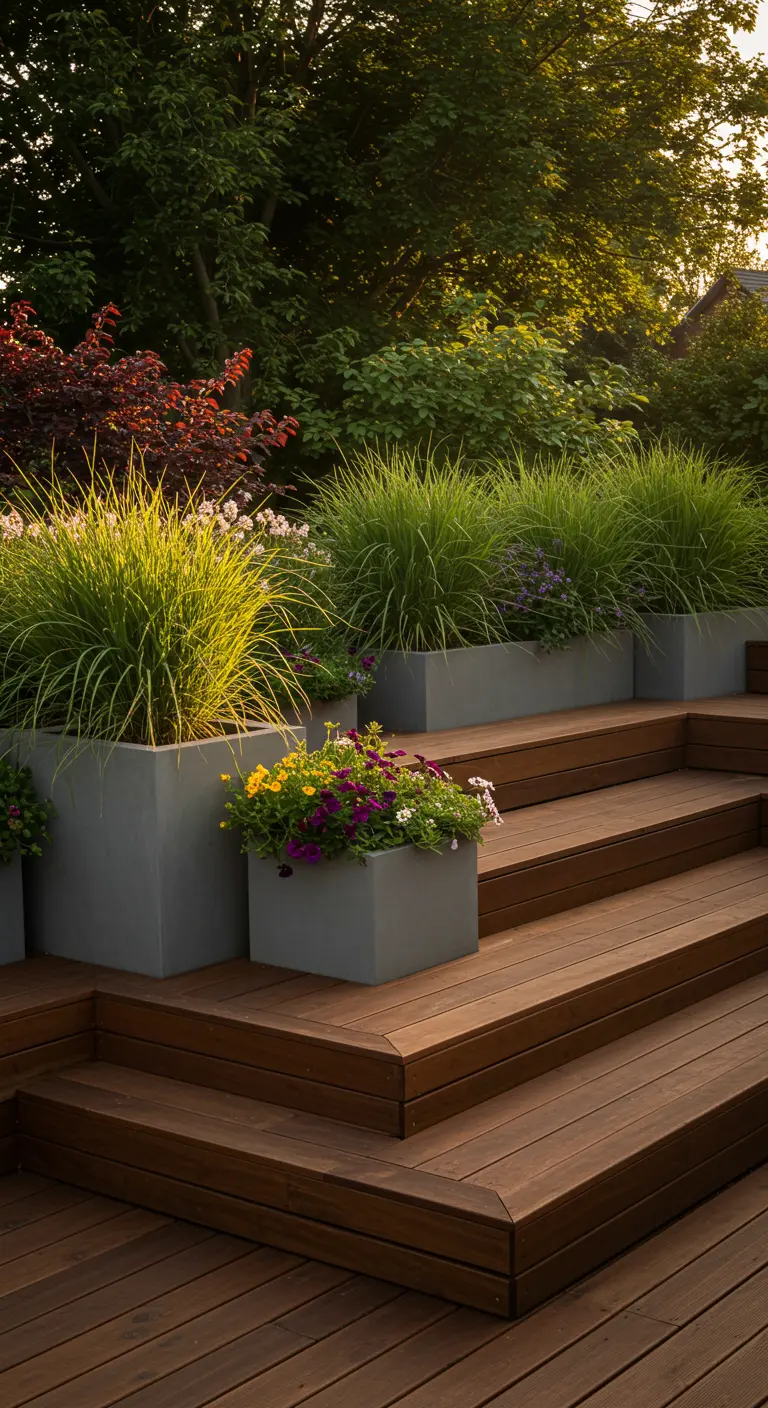 Brede houten tuintrap met grote grijze plantenbakken vol siergrassen en bloemen.